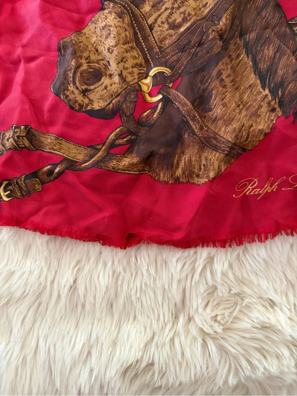 Equestrian Print Red Silk Scarf by Ralph  Lauren Vintage ascot